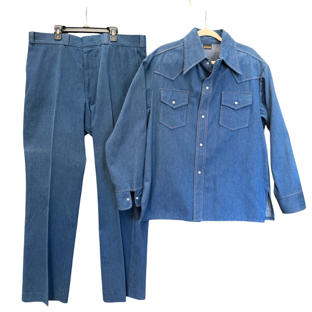 Big Yank Denim Leisure Suit Mens 36 est. Blue Western Pearl Snap 70s Vintage Set